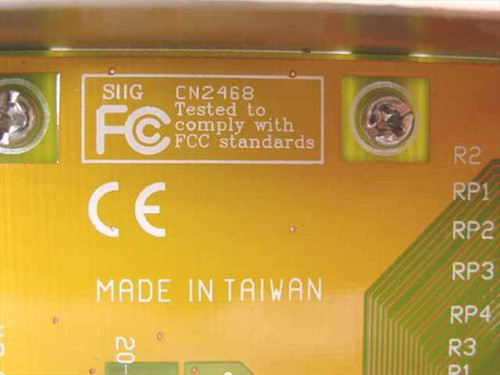 SIIG CN2468 controller card label close-up showing model number CN2468, FCC compliance mark, CE mark, and Made in Taiwan text