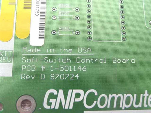 GNP Computers Soft-Switch Control Board close-up of PCB silkscreen showing PCB # 1-501146, Rev D, date code 970724, and Made in the USA marking