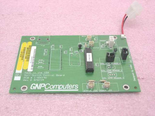 GNP Computers Soft-Switch Control Board PCB 1-501146 SMTK98467106B Rev D — top component side showing ICs, connectors, Status LED and Power LED labels