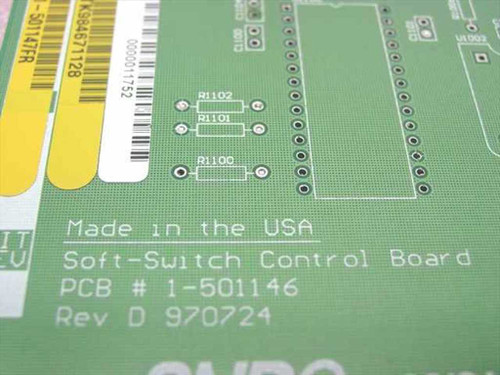 GNP Computers Soft-Switch Control Board PCB close-up of silkscreen label showing PCB # 1-501146 Rev D 970724 Made in the USA