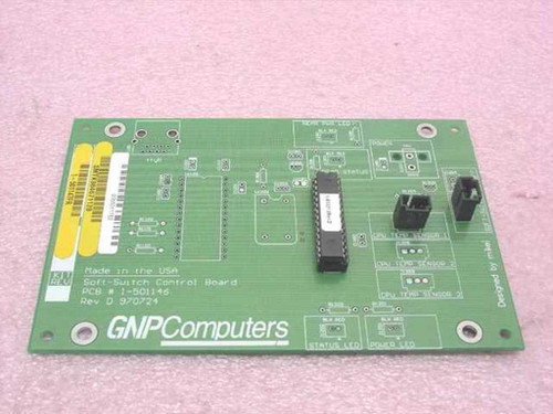 GNP Computers Soft-Switch Control Board 1-501146 SMTK984671128 Rev D — top component side showing main IC, connectors, and status LED pads