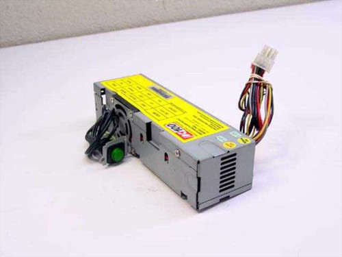 PC100 PS80 60W switching power supply — left-side view showing green power switch button, ventilation slots, and multi-pin output connectors