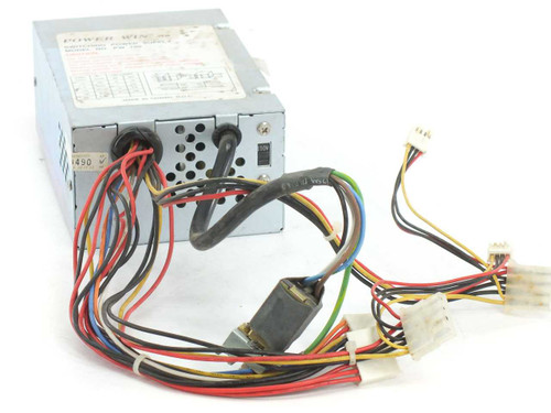 Power Win PW-150 AT power supply – side and top view showing rating label, power switch cable, and output wire harness with Molex connectors