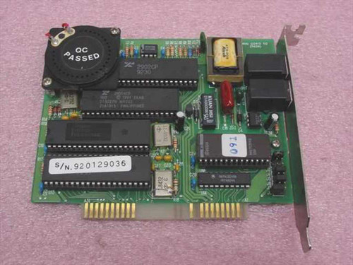 Aceex 9624H ISA modem card — top view showing Zilog Z80 controller chip, QC Passed sticker, onboard ICs, and ISA edge connector