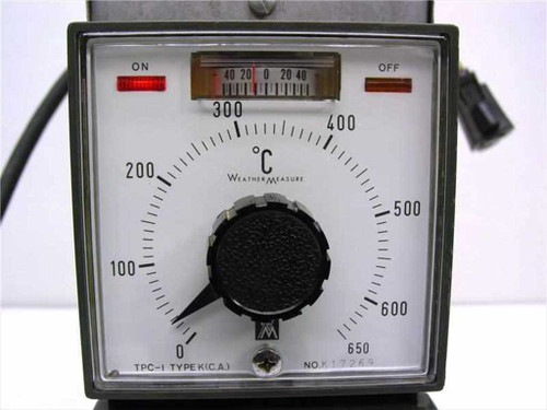 Weather Measure TPC-1 Type K temperature controller front panel close-up — analog dial 0–650°C, deviation meter, ON/OFF indicator lights, serial number K17269