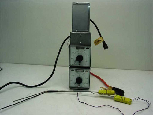 Weather Measure TPC-1 Type K dual temperature controller lot — two stacked units with Omega thermocouple probes and power cables, front view