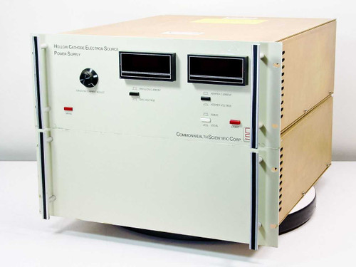 Commonwealth Scientific HCES 5000 Hollow Cathode Electron Source Power Supply – front panel view showing dual LED displays and emission current adjust knob