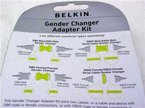 Belkin Gender Changer Adapter Kit packaging closeup showing all four adapter types: DB9 M/M, DB25 M/M, DB9 F/F, DB25 F/F serial gender changers