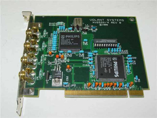 Volant Systems XV2530/4 Rev B PCI video capture card – component side showing Philips chipsets and four RCA input connectors on bracket