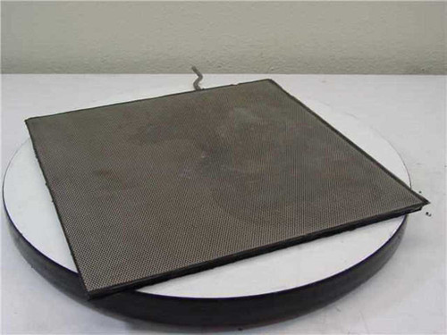 Stainless steel air circulation plate — top-down view showing full perforated mesh face and black rubber-edged frame