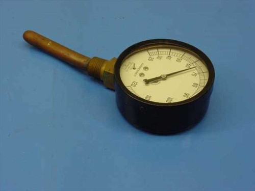 Marsh Instrument 120°F dial thermometer – angled side view showing bent copper thermowell stem and threaded brass fitting
