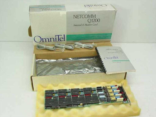 OmniTel Netcomm Q1200 Internal 4-Modem ISA Card in original box with foam insert, phone cables, and user manual