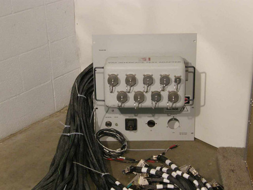Maxsys VSX Interface Test Adapter P/N 465-1040 front panel — 10 rotary high-voltage connectors, NETWORK, IRIG-B, GROUND, POWER OUT controls, DANGER HIGH VOLTAGE label