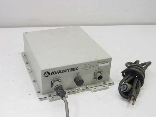 Avantek PS-110-004 satellite power supply front panel view showing Avantek logo, J1 DC output connector, power cord, and label with model and part number