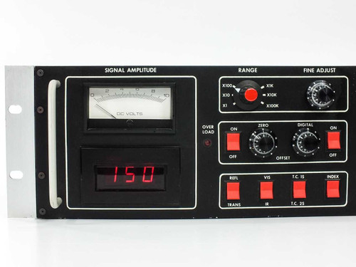 Denton Vacuum SD-10 front panel showing signal amplitude analog meter, LED digital display reading 150, range selector switches, fine adjust knob, zero offset controls, and illuminated red function switches
