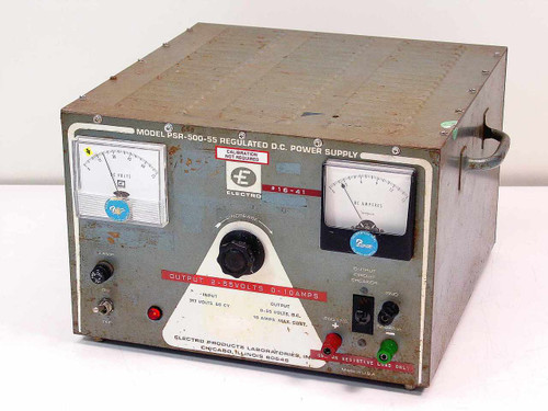 Electro Products Laboratories PSR-500-55 Regulated DC Power Supply – front and top three-quarter view showing analog volt and amp meters, output voltage control knob, and front panel label