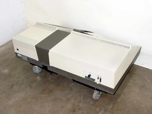 Perkin-Elmer 1430 Infrared Spectrophotometer – rear-right three-quarter view showing full instrument body on caster dolly, ventilation grilles, and rear panel connections