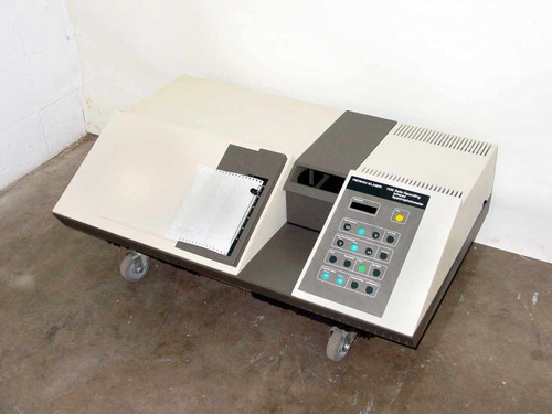 Perkin-Elmer 1430 Infrared Spectrophotometer – front-left three-quarter view showing full instrument on caster dolly with chart paper loaded in plotter and front control panel