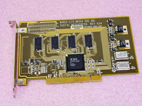 Media 100 DMP1 Supercharger Digital MediaPress Rev A3A PCI card – top component side showing LSI Logic DVXPLORE chip and memory ICs