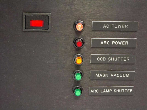 Keithley 61300 ERB-24 front panel close-up showing AC Power, Arc Power, CCD Shutter, Mask Vacuum, and Arc Lamp Shutter LED indicators