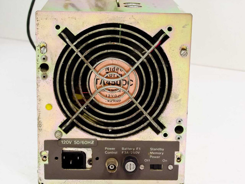 NCR 530-0009297-1 power supply – rear panel showing Nidec TA450DC cooling fan, IEC AC input connector, and Power Control and Standby Memory Power switches at 120V 50/60Hz