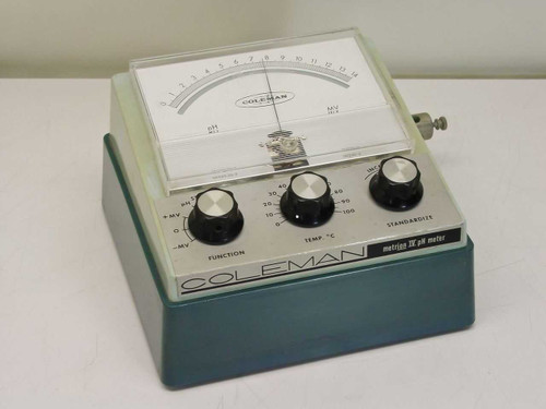 Coleman Metrion IV 28C pH Meter – front three-quarter view showing analog arc scale, Function knob, Temp °C knob, and Standardize knob on teal housing