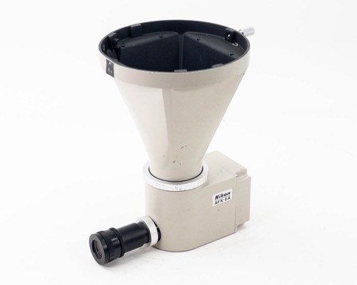 Nikon AFX-IIA microscope camera shutter assembly and controller — three-quarter front-left view showing funnel housing and eyepiece