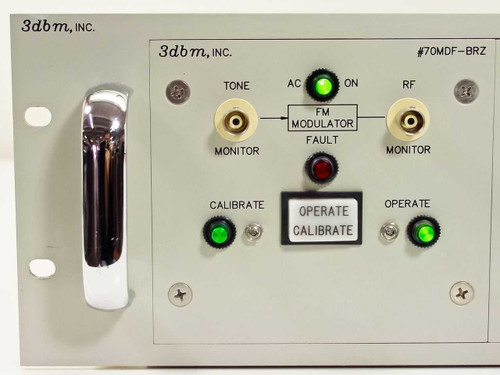 3dbm 70MDF-BRZ FM modulator plugin front panel close-up showing Tone, RF monitor BNC connectors, FM Modulator indicator, Operate/Calibrate switch, and green status LEDs