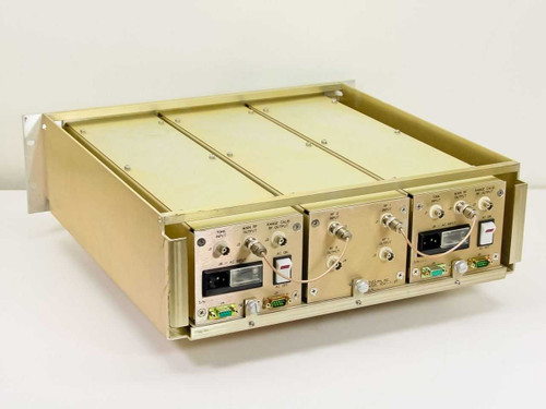 3dbm 70MDF-DAT-GLW rear panel view showing BNC connectors, IEC AC input, DB9 serial ports, and AC power switch on two modulator plug-ins