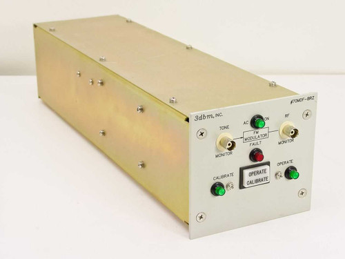 3dbm Inc 70MDF-BRZ FM Modulator – front-right three-quarter view showing front panel with Tone Monitor, RF Monitor, FM Modulator Fault indicator, and Operate/Calibrate controls