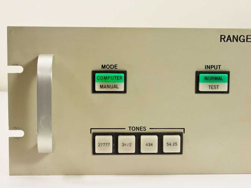 Hughes Range Tone Processor front panel close-up showing MODE selector (COMPUTER/MANUAL), INPUT selector (NORMAL/TEST), and TONES buttons: 27777, 34/2, 434, 54.25