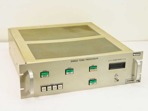 Hughes 3814115-100 Range Tone Processor front panel view showing MODE, INPUT, OSC, MEASURE, and TONES controls with green illuminated buttons