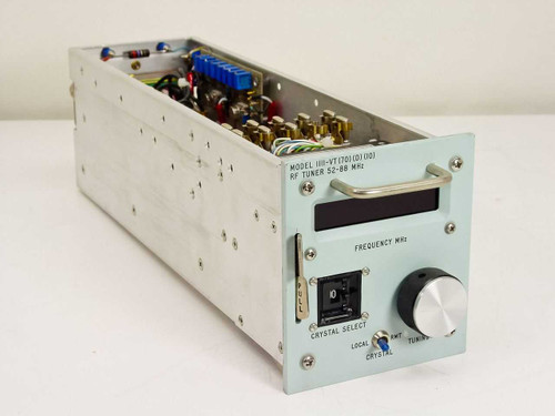 Microdyne 1111-VT RF Tuner 52-88 MHz – right-side three-quarter view showing open top, front panel label, crystal select dial, and tuning knob