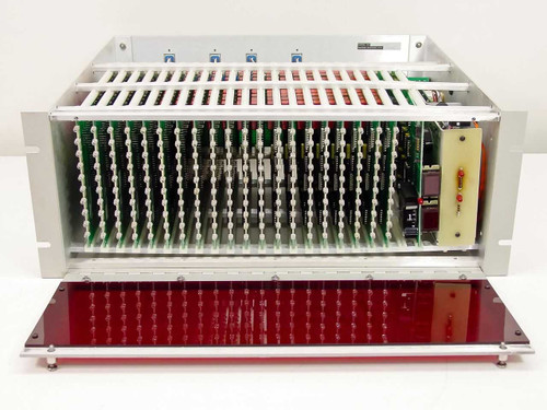 Matrix Systems 10360 rear interior view with front panel removed showing populated card cage backplane with relay and logic cards installed