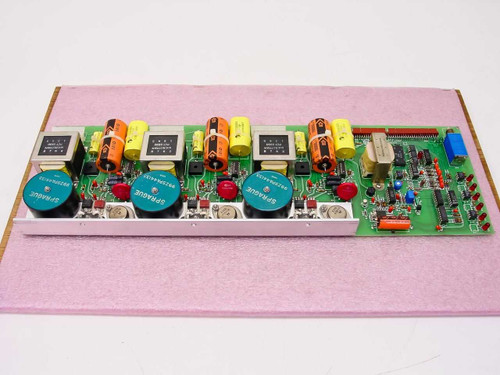Varian Current Limit & Logic PCB Board 01-000437-00 — front view showing Sprague capacitors, yellow capacitors, and transformer assemblies