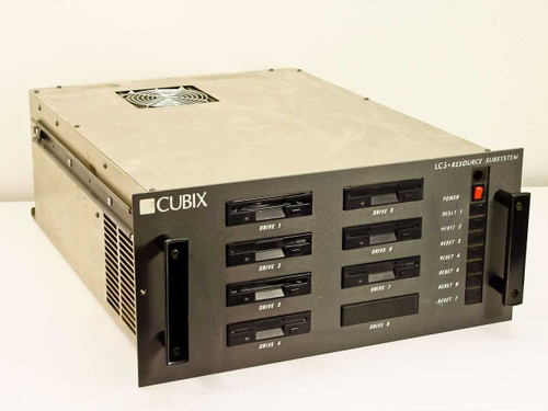Cubix LCS Resource SubSystem 19-inch rackmount front view showing 8 floppy drive bays and right-side control panel with power button and reset switches