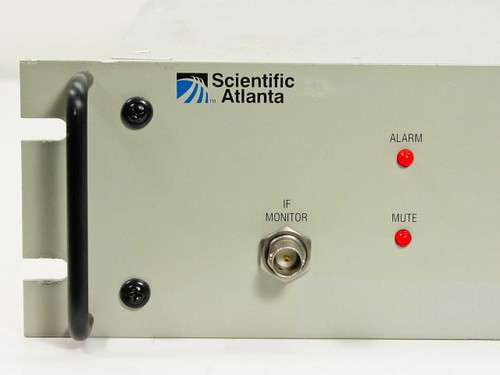 Scientific Atlanta D9380 PowerVu – left front panel detail showing Scientific Atlanta branding, IF Monitor BNC port, ALARM and MUTE LED indicators