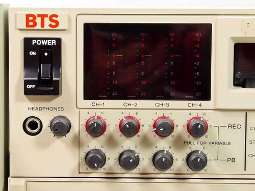 BTS BCB 70N front panel close-up showing BTS logo, power switch, 4-channel LED VU meters (CH-1 through CH-4), headphone jack, and record/playback level knobs