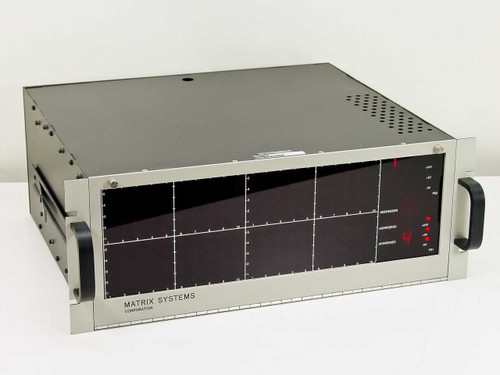 Matrix Systems Corporation 12924/13021 Programmable Wire Switching System – front 3/4 view showing rackmount chassis with relay card display panels and side handle
