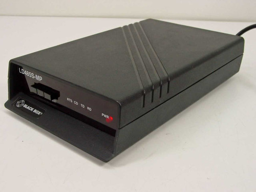 Black Box LD485S-MP RS-232 to RS-485 standalone multipoint line driver – front and top view showing model label and RTS CD TD RD PWR LEDs