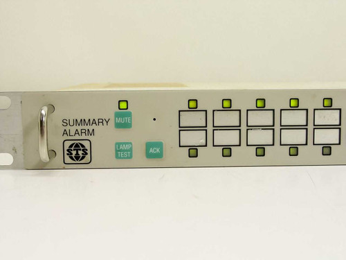 STS D61486-01 Summary Alarm front panel close-up showing MUTE, LAMP TEST, and ACK buttons with green LED indicators and STS logo
