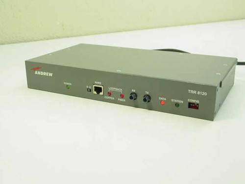 Andrew TRR 8120RJ fiber optic modem – front panel showing Power LED, RJ copper port, Loopback copper/fiber indicators, RX TX fiber ports, Data, Station, and Config indicators
