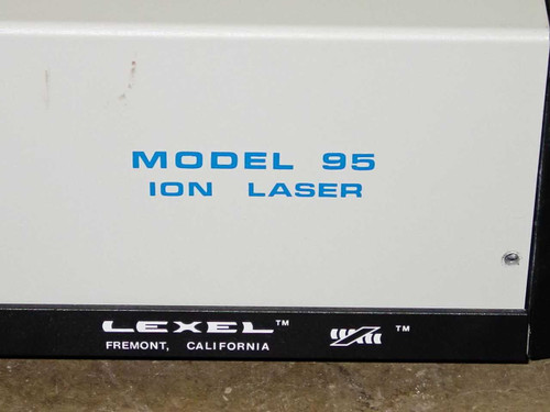 Lexel Model 95 Ion Laser nameplate closeup showing 'MODEL 95 ION LASER' in blue text and 'LEXEL Fremont, California' branding