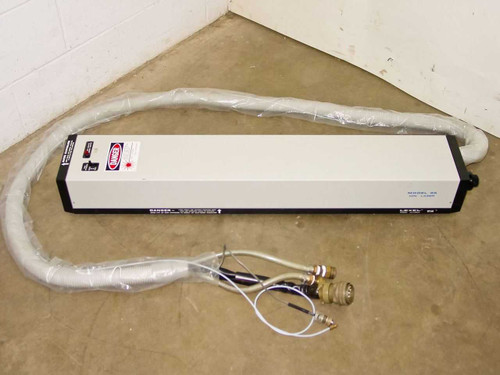 Lexel Model 95-5 Argon Ion Laser head in white enclosure with water cooling hose and multi-pin connector cable — full unit overview