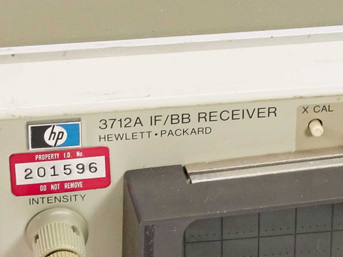 HP 3712A IF/BB Receiver label close-up showing model number and Hewlett-Packard branding, with property ID tag 201596
