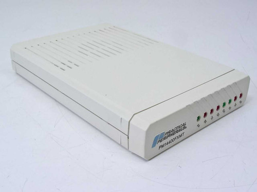 Practical Peripherals PM14400FXMT external fax modem – top and right-side angle showing vented case and LED status indicators