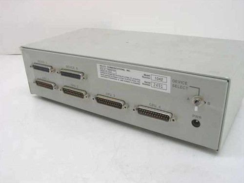 Bravo Communications CPS/1000 Model 1042 rear panel showing four DB25 CPU ports, two device ports, Device Select switch, and power indicator