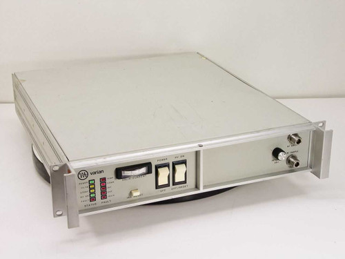 Varian VZC6961D7A1 C-Band TWTA – front panel with Varian logo, status/fault LED indicators, helix current meter, power and HV switches