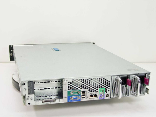 HP ProLiant DL380 rear panel showing VGA, USB, PS/2, NIC, and redundant power supplies