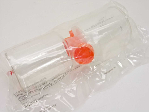 Corning 25952-1L filtration system in sealed bag showing orange cap and filter body – side angle view